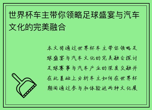 世界杯车主带你领略足球盛宴与汽车文化的完美融合 世界杯车主带你领略足球盛宴与汽车文化的完美融合