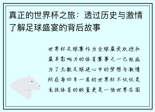 真正的世界杯之旅：透过历史与激情了解足球盛宴的背后故事